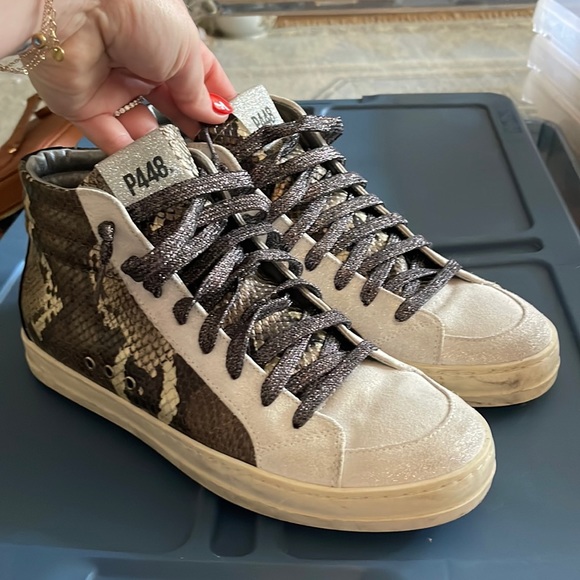 P448 Shoes - P448 High-Top Sneakers in Beige and Brown Snake Print